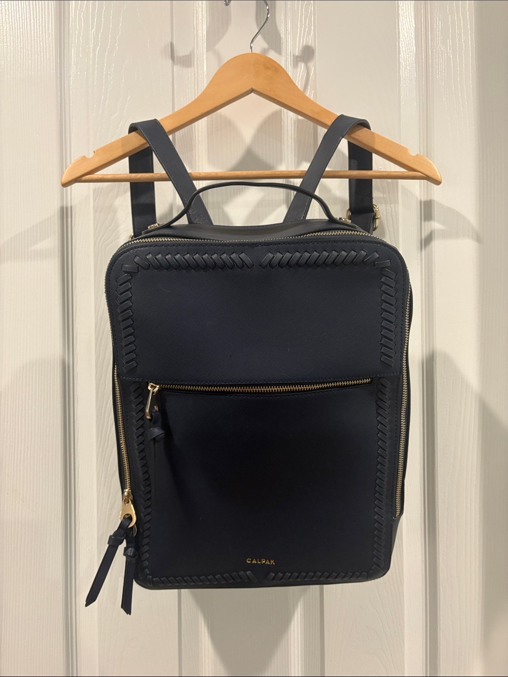 Calpak Navy Faux Leather Laptop Backpack with Gold Hardware